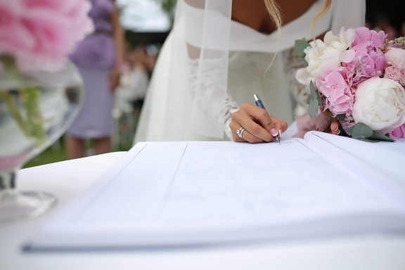 signatur, bok, bruden, tegn, ekteskap, dokumentet, folk, person, kjærlighet, bryllup