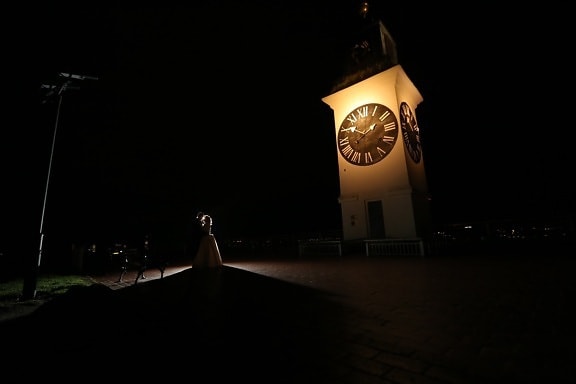 romantiska, natt, par, gata, klocka, ljus, arkitektur, staden, tid, mörk