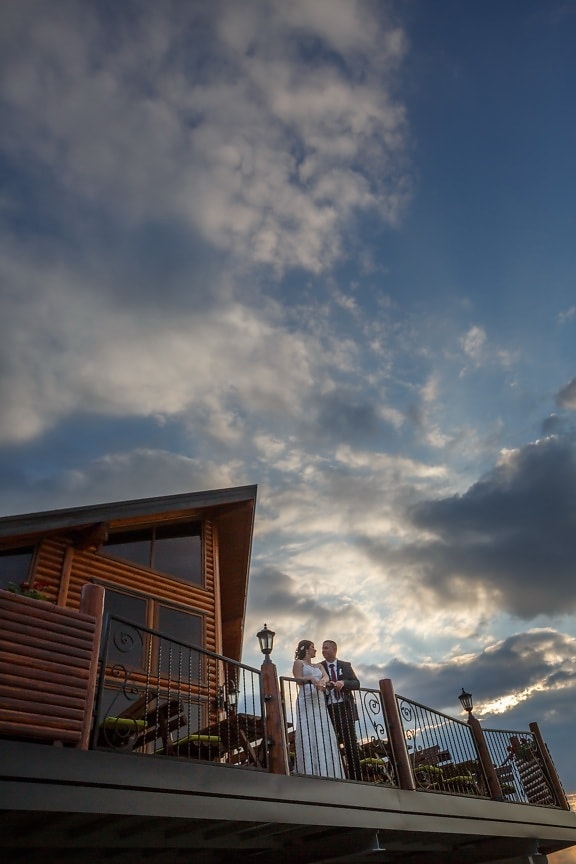 sunset, cottage, balcony, groom, bride, architecture, atmosphere, sun, outdoors, light