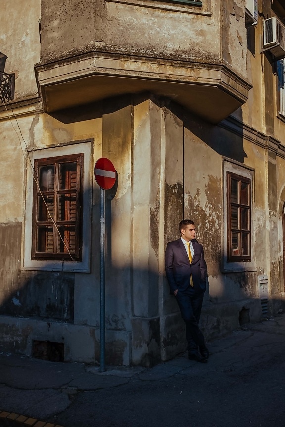 corner, businessman, standing, street, sunset, architecture, tuxedo suit, people, city, home
