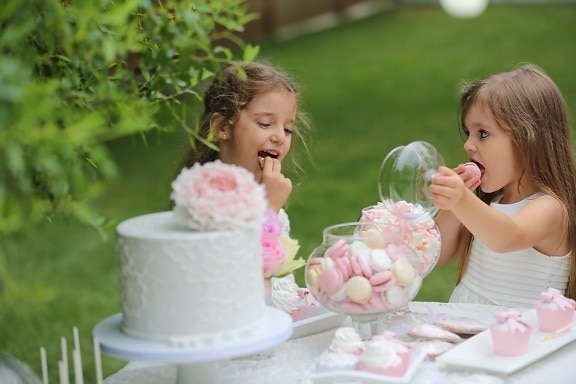 eating, girls, birthday cake, enjoying, delicious, dress, child, cute, fun, outdoors