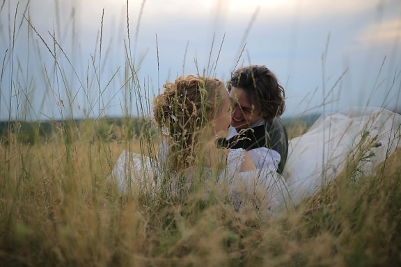 wheatfield, man, laying, woman, romantic, smile, hilltop, love, kiss, hugging