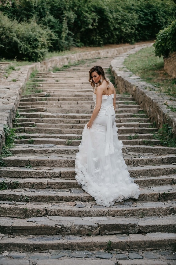 dress, white, stairs, pretty girl, wedding, bride, step, married, marriage, love