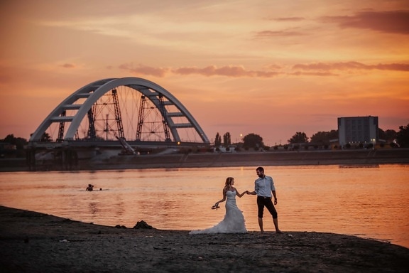 romantic, love, evening, newlyweds, sunset, bridge, dawn, beach, water, sea