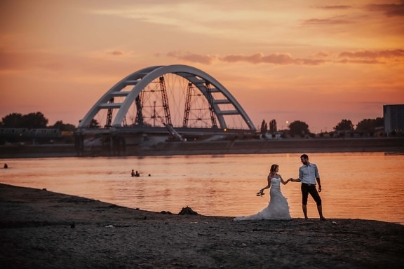 beach, harbour, sunset, groom, newlyweds, bride, water, structure, dawn, sea