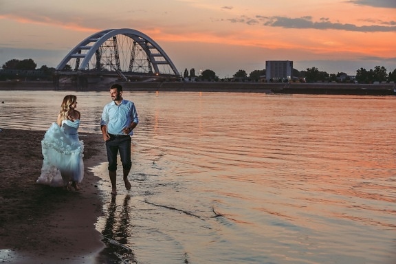 wife, sunset, just married, husband, beach, walking, bridge, pier, water, river