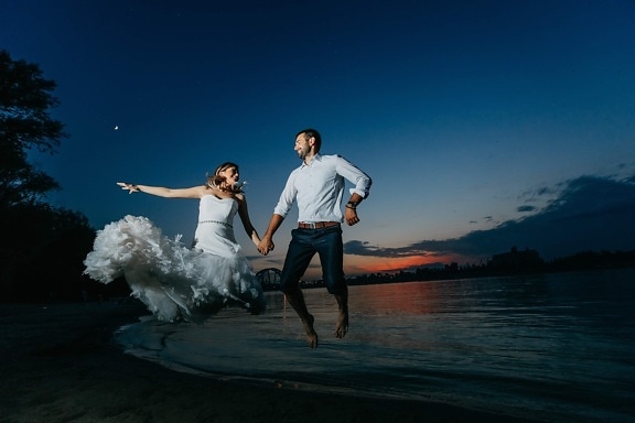 happiness, jumping, exhilaration, bride, groom, sea, girl, water, couple, love
