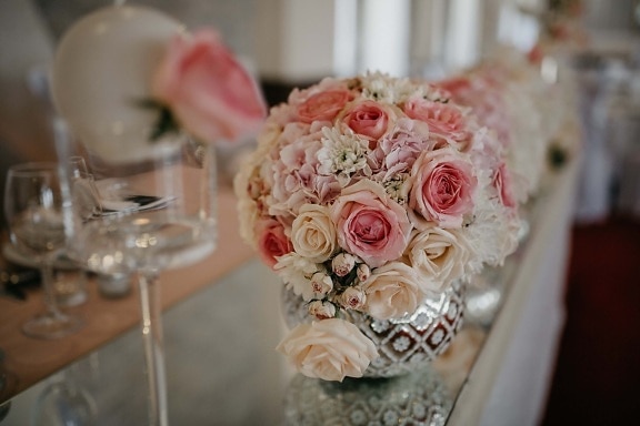 romantiek, regeling, Receptie, elegante, bruiloft, boeket, steeg, bloem, decoratie, luxe