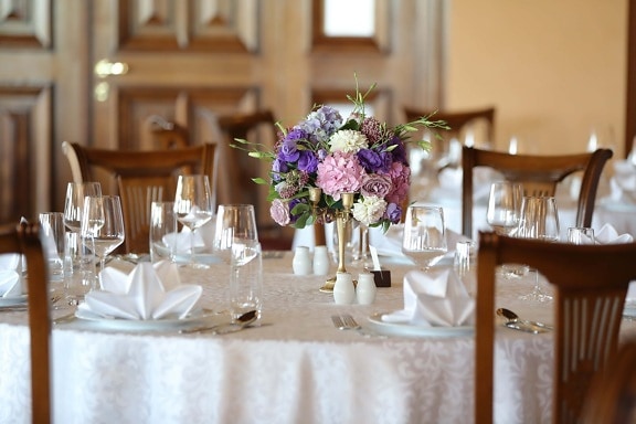 table, vase, lunchroom, fancy, restaurant, interior design, furniture, tableware, indoors, glass