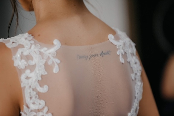 back, tattoo, bride, wedding dress, message, skin, shoulder, girl, wedding, woman