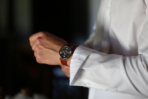 náramkové hodinky, košile, bílá, boční pohled, muž, lidé, čas, uvnitř, obchodní, ruka