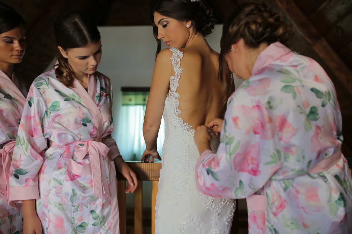 bride, wedding dress, preparation, friends, girl, woman, people, clothing, dress, portrait