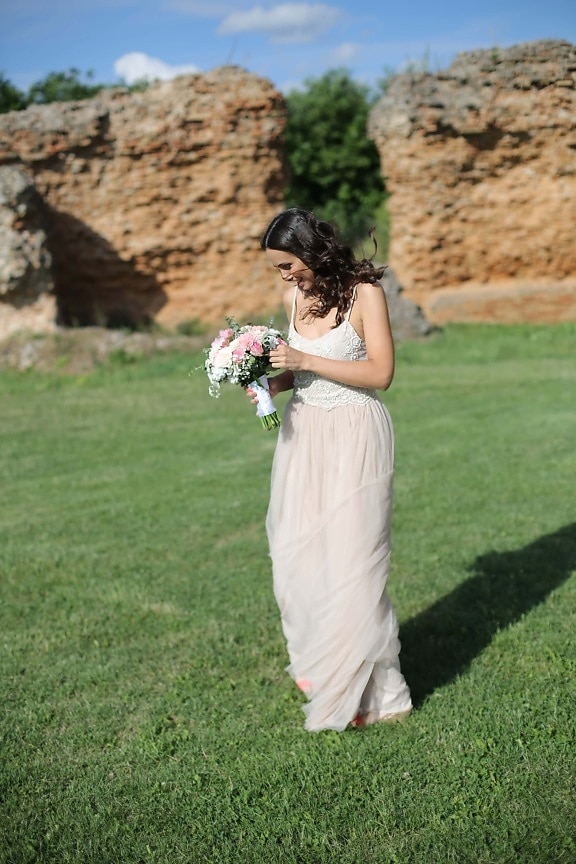 bride, cheerful, wedding, woman, grass, nature, summer, love, outdoors, relaxation