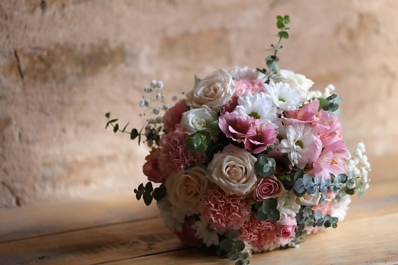 tavolo, in legno, bouquet, ombra, romanza, disposizione, decorazione, fiore, rosa, foglia