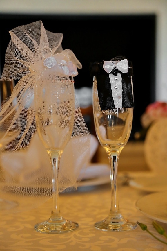 ženich, nevěsta, krystal, sklo, ozdobný, šampaňské, dekorace, bílé víno, alkohol, nápoj