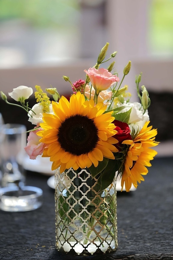 букет, слънчоглед, рози, ваза, елегантна, покривка за маса, маса, цвете, жълто, Подреждане
