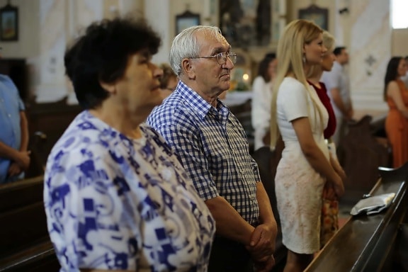 people, standing, church, man, woman, elderly, senior, portrait, group, indoors
