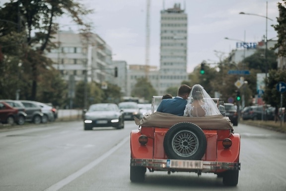 car, coupe, oldtimer, groom, newlyweds, bride, speed, automobile, street, drive