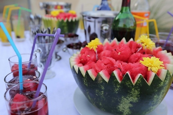 cocktails, melon d’eau, décoratifs, boisson, boisson, verre, jus de, fruits, melon, nutrition