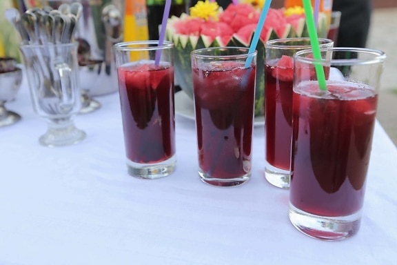 cocktail de fruits, jus de fruits, cristal de glace, eau glacée, consommation de paille, parti, boisson, froide, verre, glace