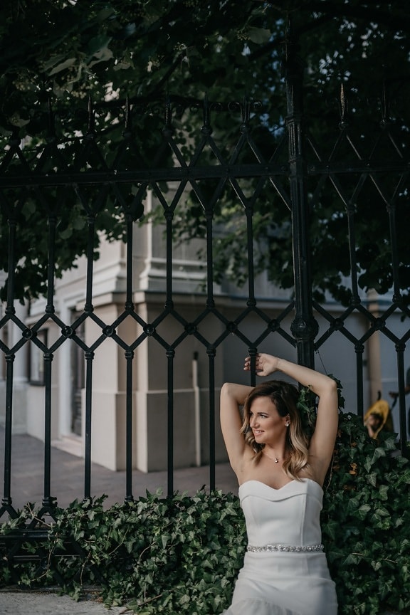 gorgeous, posing, pretty girl, shoulder, arms, white, dress, outfit, girl, wedding