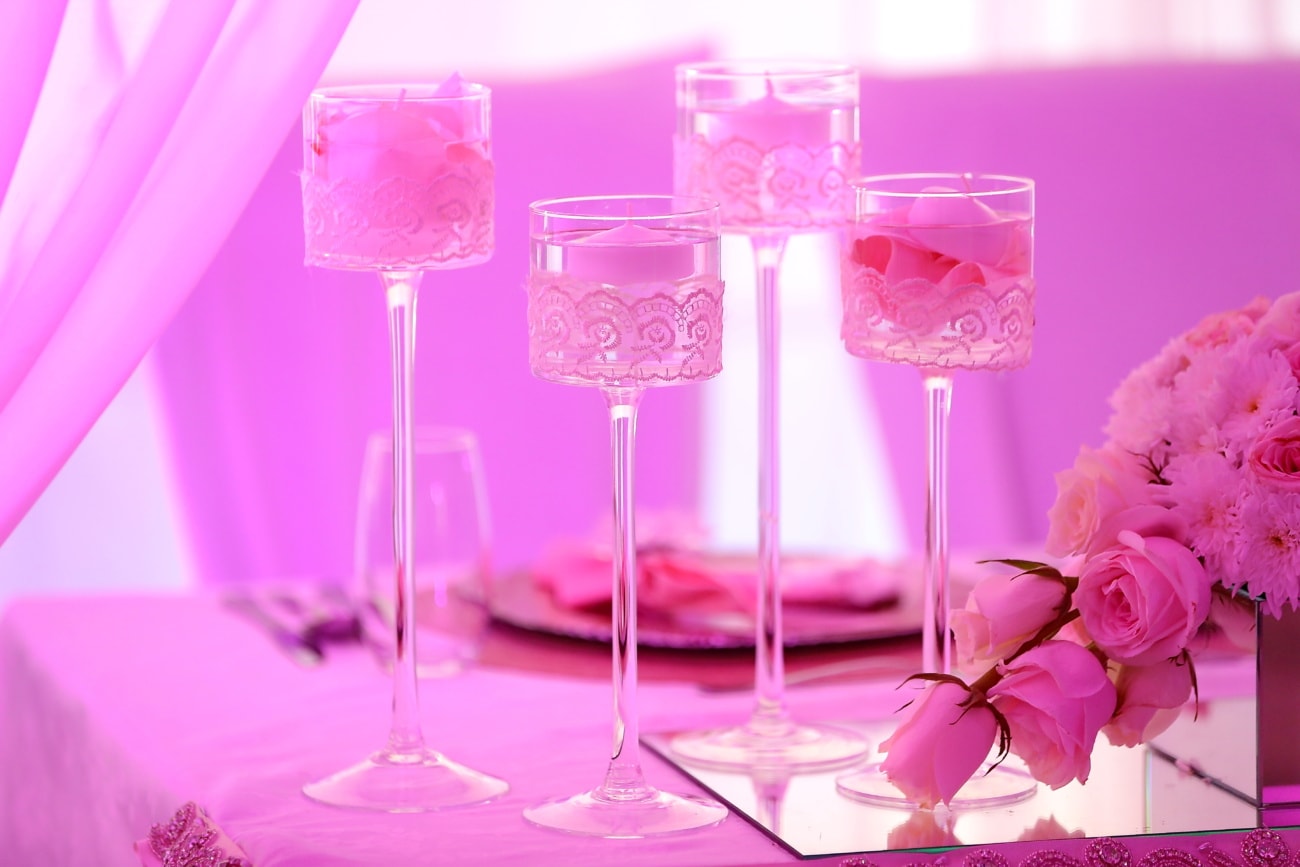 lysestake, stearinlys, romantisk, rosa, glass, roser, bukett, rosa, elegante, romantikk