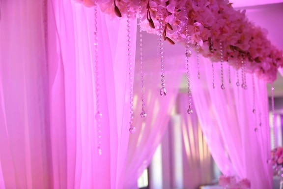 pinkish, curtain, wedding venue, hanging, crystal, pink, flower, bright, elegant, wedding