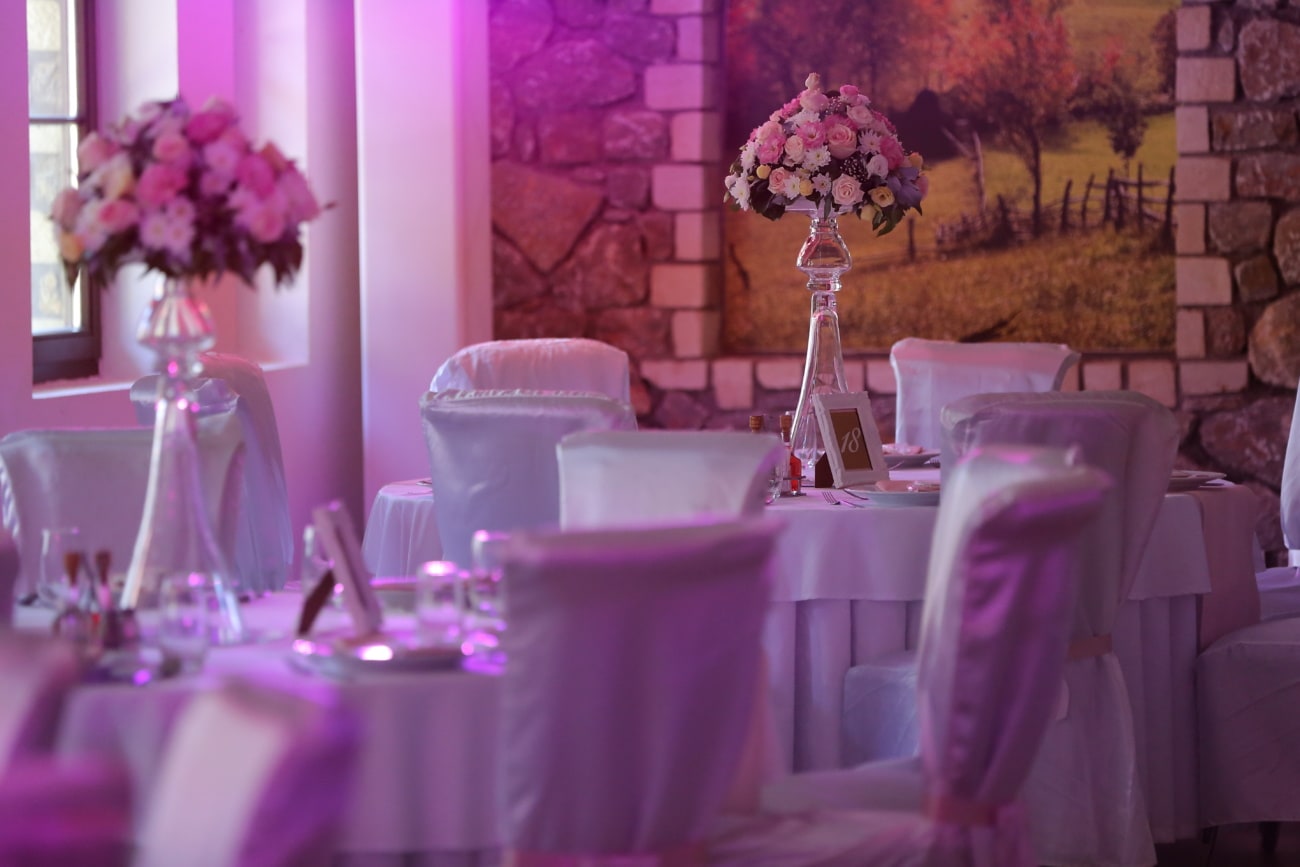 dekorasi interior, tempat pernikahan, Restoran, mewah, taplak meja, Sutra, meja, desain interior, pernikahan, elegan