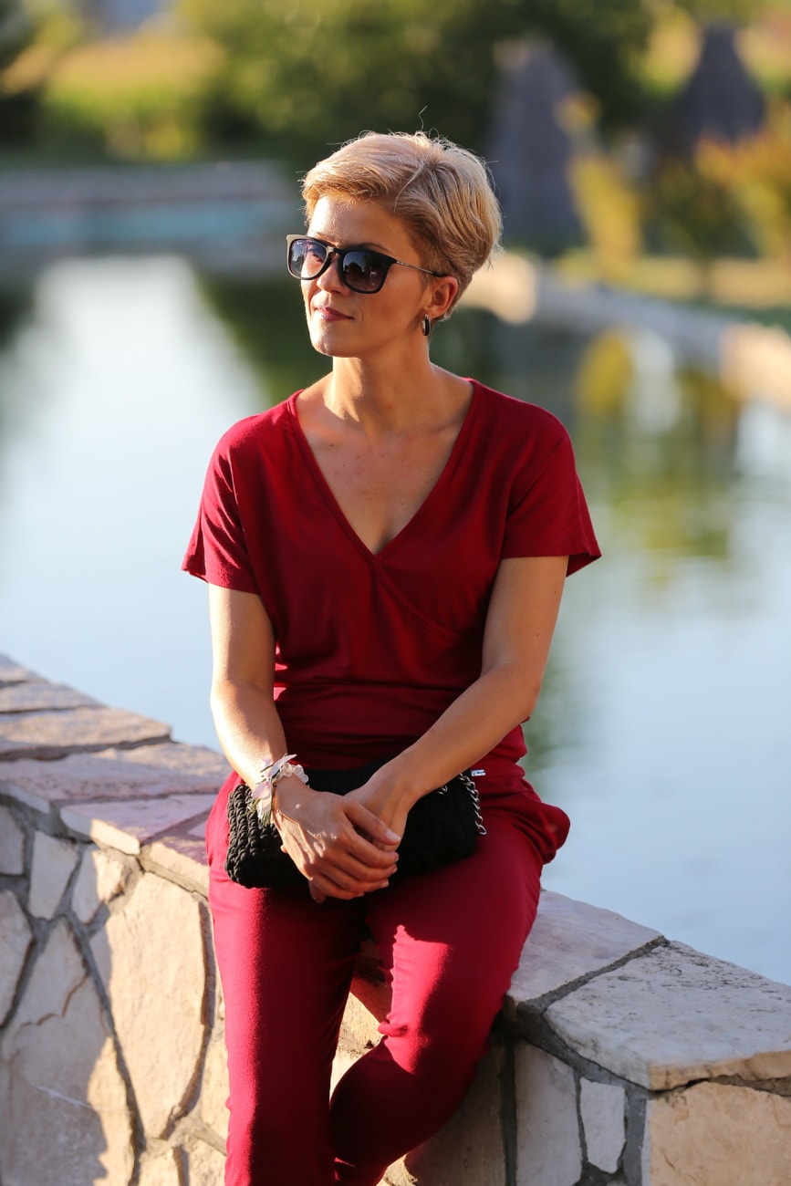 blonde, fancy, posing, photo model, red, dress, sunglasses, woman, outdoors, portrait