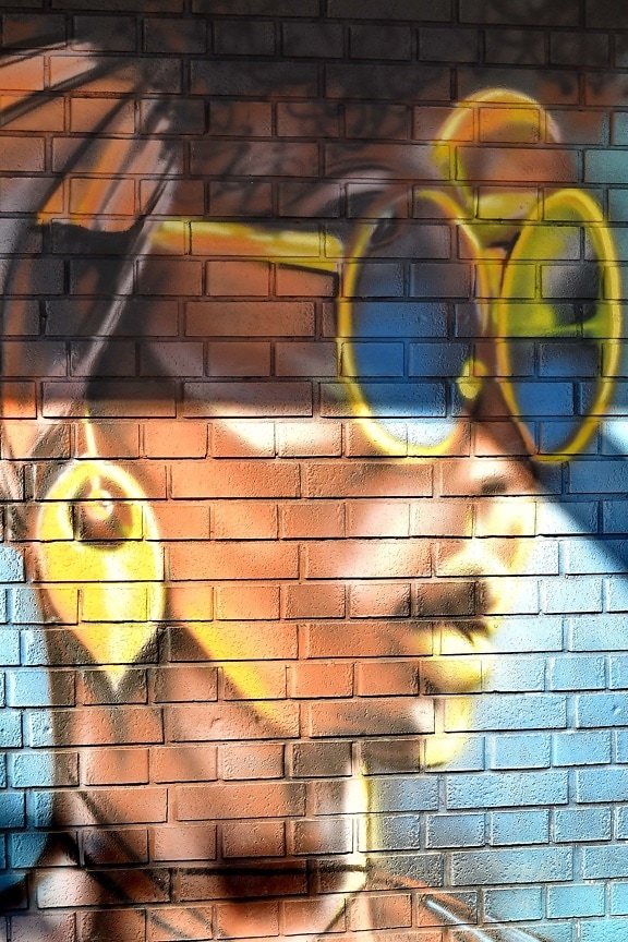 graffiti, eyeglasses, summer time, portrait, face, colorful, bricks, wall, decoration, urban