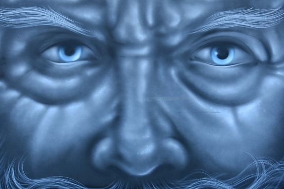 old man, face, graffiti, portrait, close-up, blue, eyes, art, eye, abstract