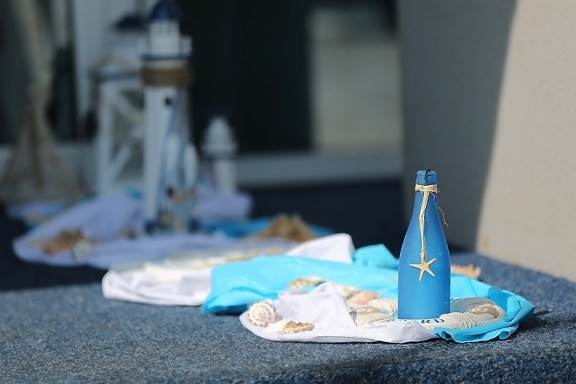 blå, flaske, skjell, håndlaget, fortsatt liv, sommersesongen, bord, dekorasjon