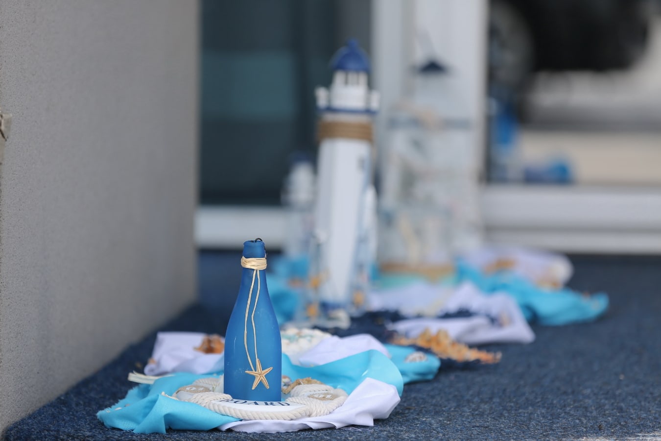 garrafa, azul, concha do mar, em miniatura, estrela do mar, decoração, farol, ainda vida, dentro de casa, tabela