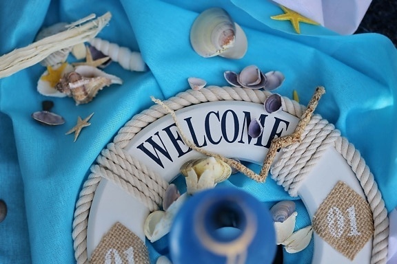 still life, welcome, life preserver, seashell, design, blue, interior decoration, traditional, handmade, cotton