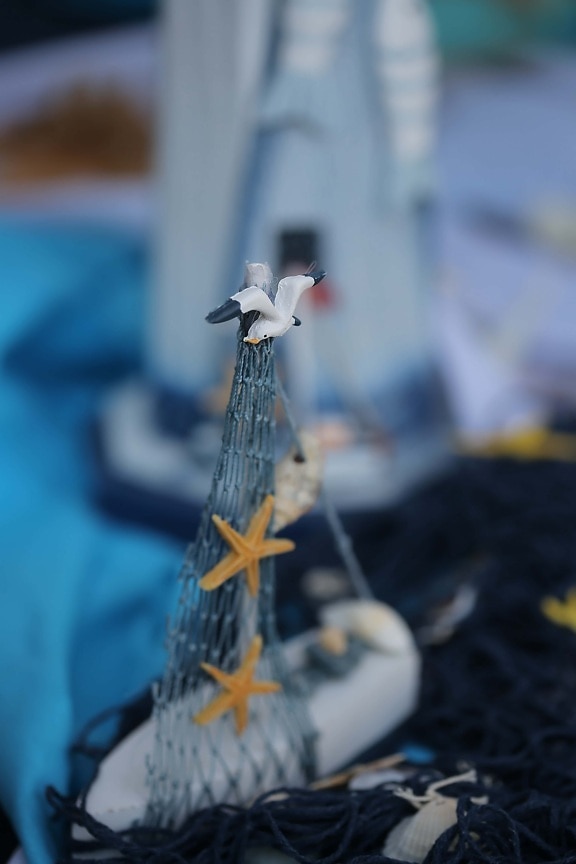 object, handmade, starfish, figurine, decoration, boat, detail, rope, ship, blur