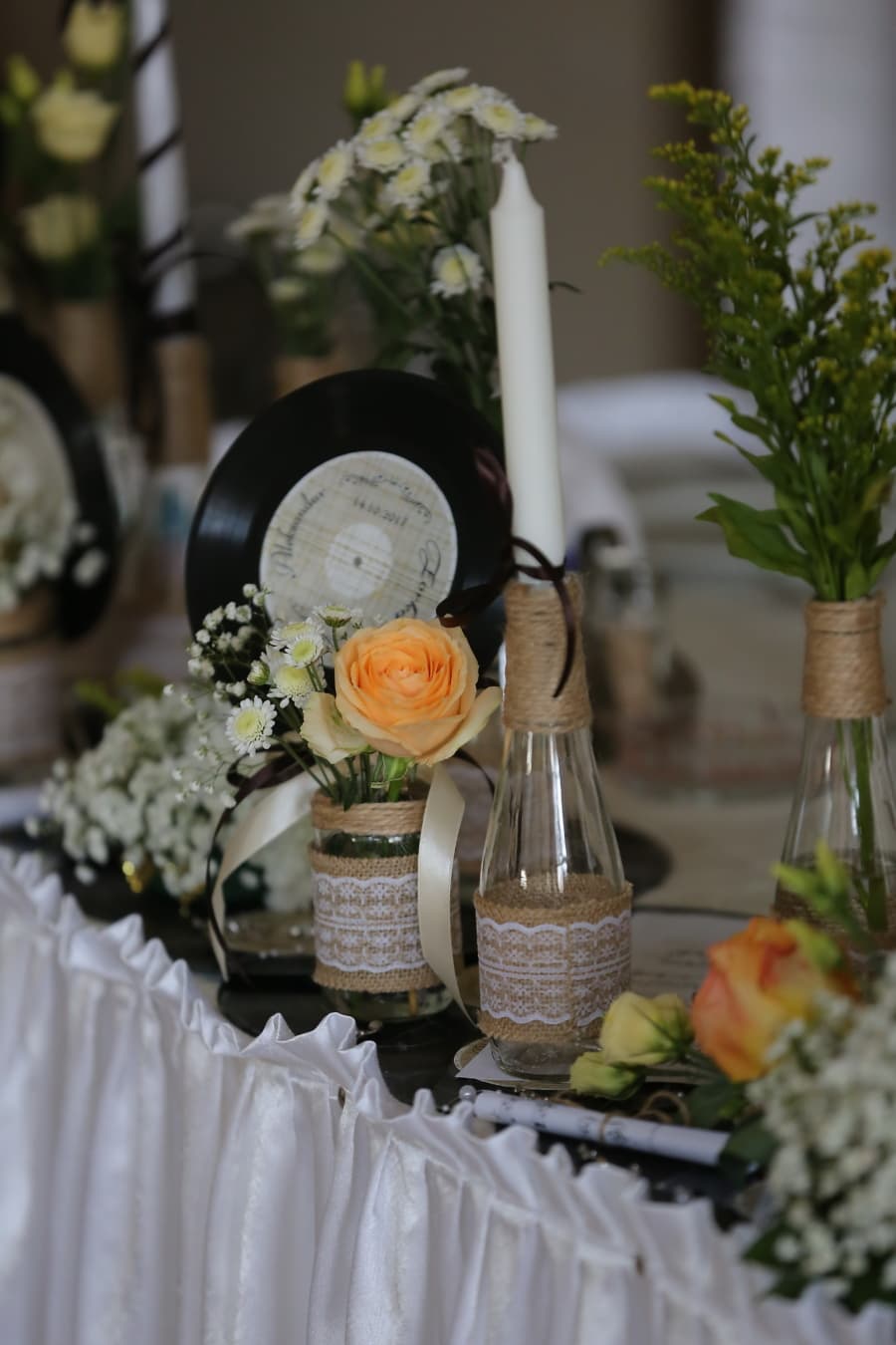 decorative, arrangement, vinyl plate, nostalgia, candle, bottles, candlestick, wedding, bouquet, flower