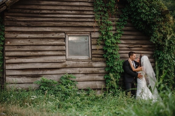wife, groom, abandoned, bride, just married, bungalow, wall, wood, house, girl