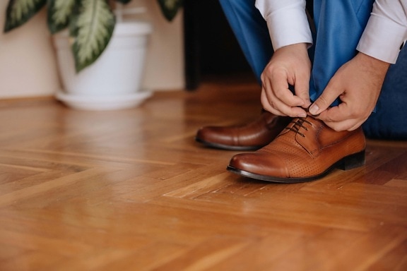 casual, shoes, brown, leather, man, hands, shoelace, legs, parquet, floor