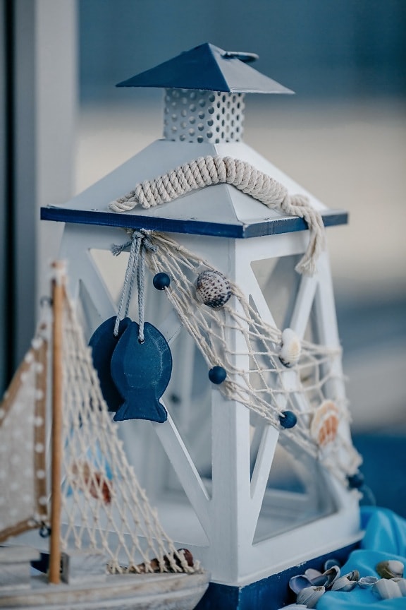 lantern, blue, wooden, handmade, decoration, rope, wood, miniature, detail, knot