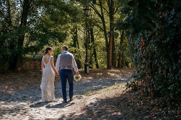 walking, forest trail, just married, hiking, love, girl, tree, forest, wedding, engagement