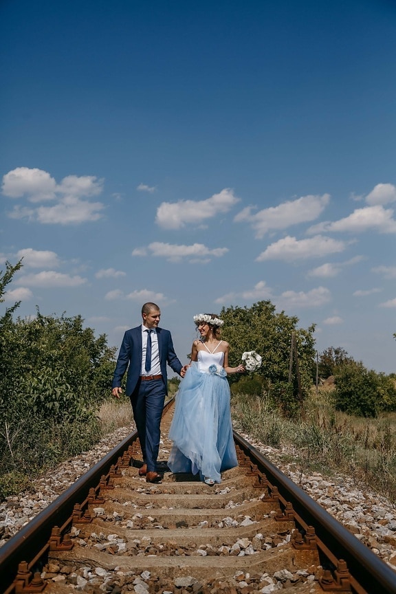 countryside, romantic, love, railroad, just married, track, wedding, girl, nature, woman