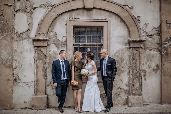 wedding, bride, groom, friends, godfather, friendship, architecture, building, old, people
