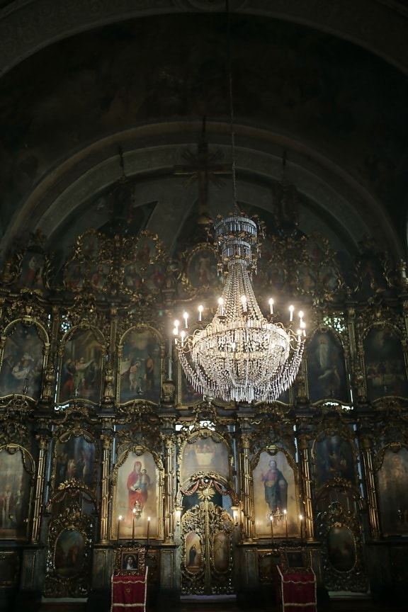 Ukraina, ortodoxa, kyrkan, altaret, kristendomen, insidan, ljuskrona, kristall, arkitektur, struktur