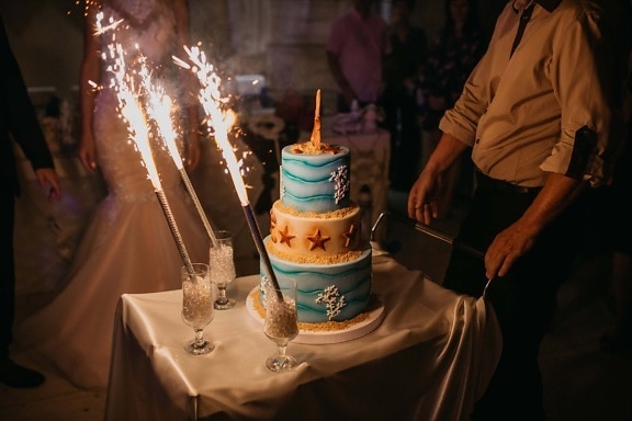 fancy, wedding cake, bartender, candle, flame, people, wedding, celebration, woman, candlelight