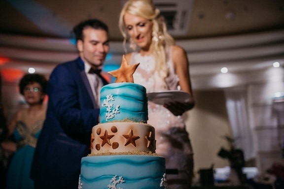 gâteau de mariage, jeune marié, la mariée, hôtel, salle de mariage, gens, femme, à l'intérieur, homme, Portrait