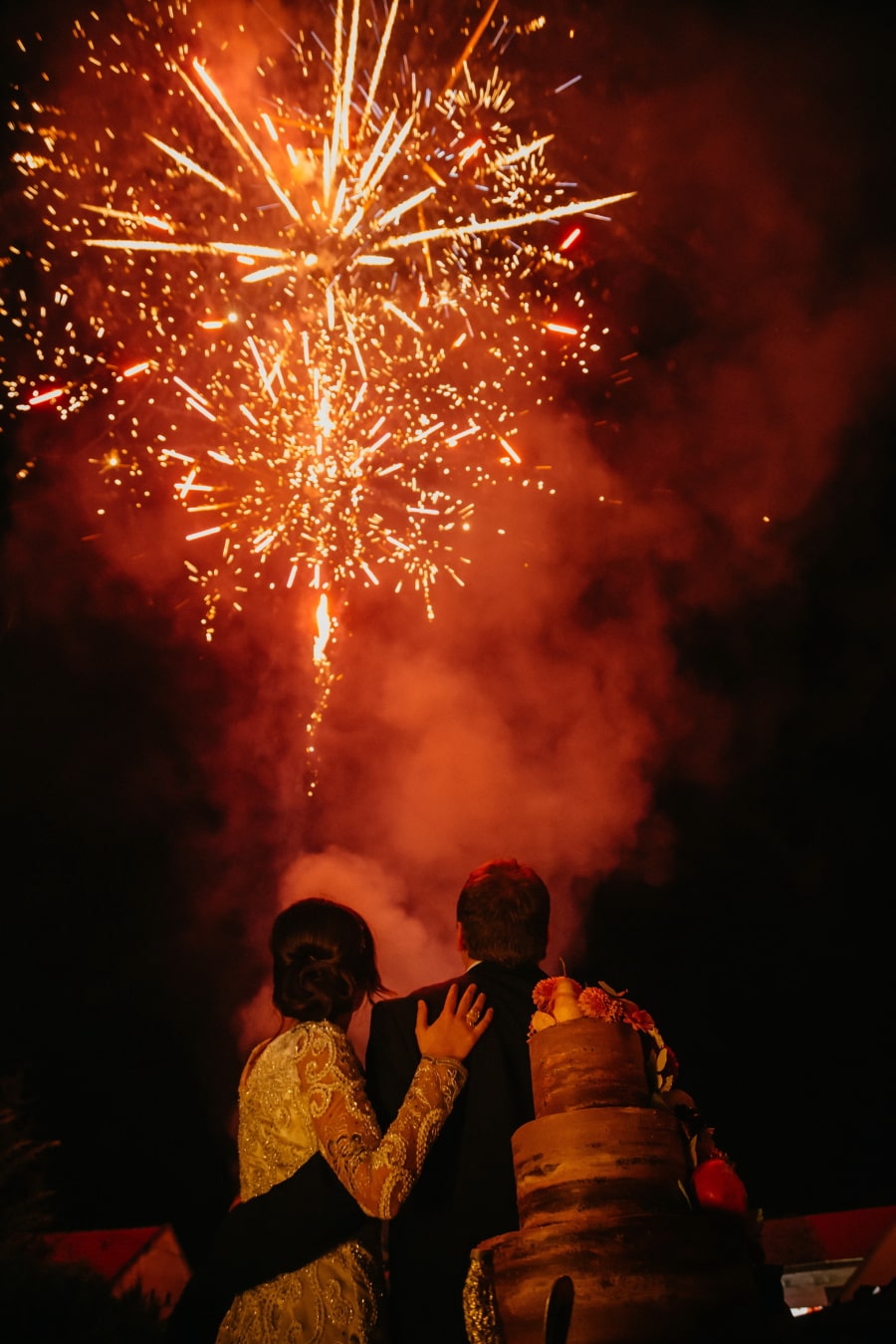 romántica, fuegos artificiales, novio, novia, abrazos, Festival, celebración, humo, vela, explosión