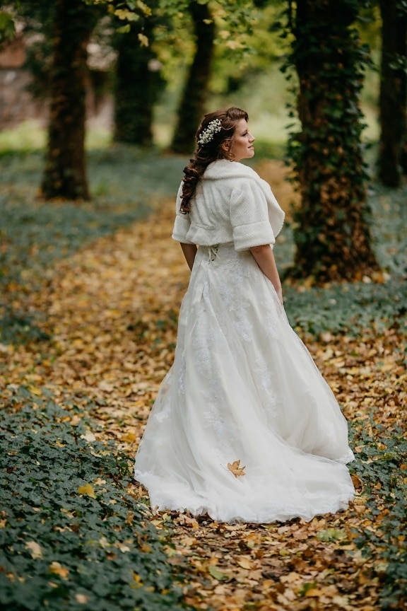 dress, wedding dress, white, bride, forest, princess, alone, wedding, girl, portrait