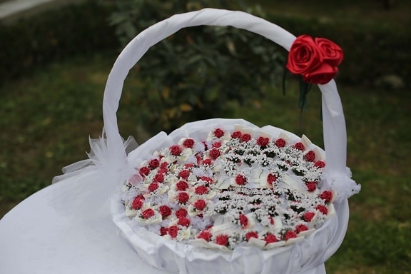 wicker basket, silk, roses, miniature, flowers, flower, romance, rose, ceremony, decoration
