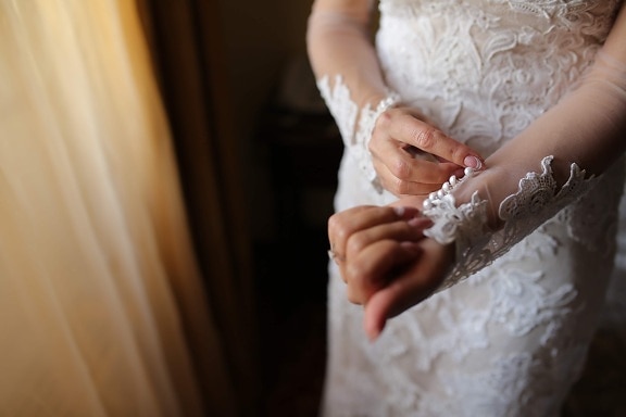 Woonkamer, trouwjurk, bruid, handen, mode, bruidegom, vrouw, bruiloft, liefde, betrokkenheid