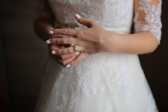 wedding ring, golden shine, hands, bride, wedding dress, manicure, woman, wedding, indoors, engagement